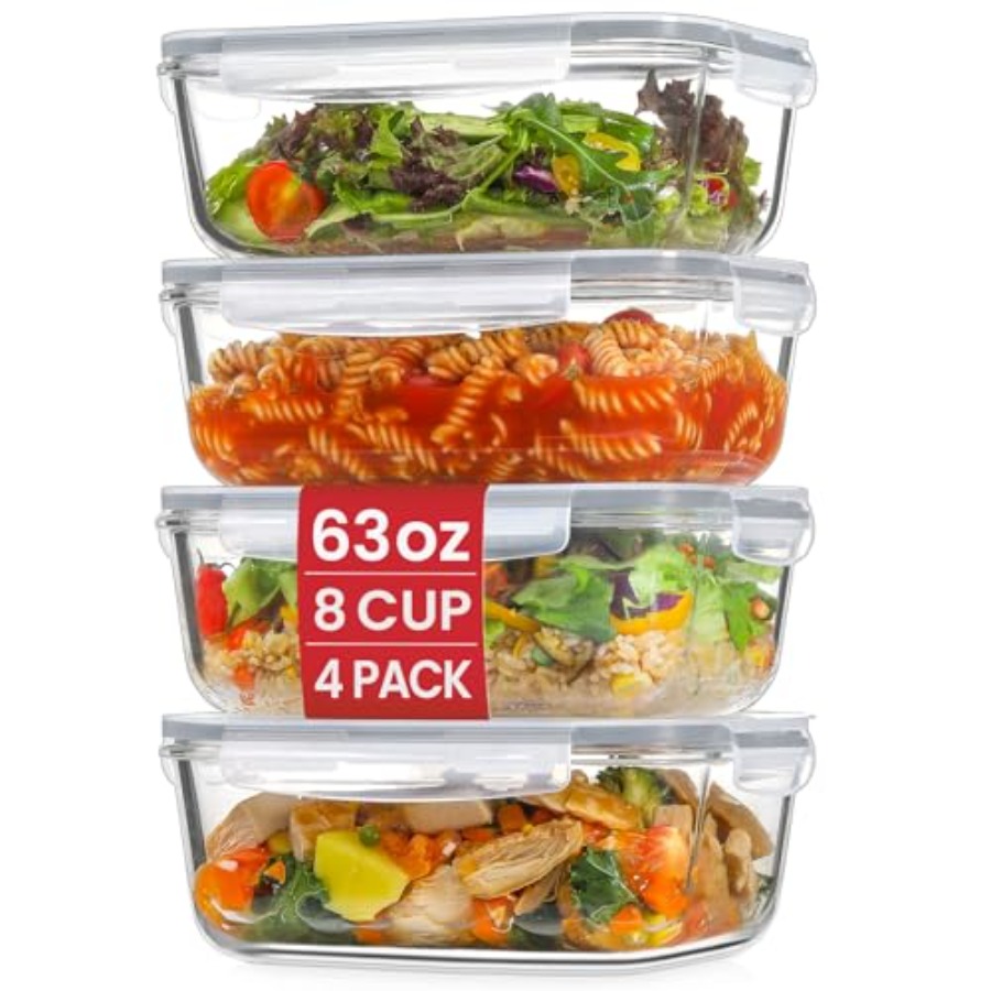 Food Storage Glass - 4 Pack 8 Cups/ 63oz Large