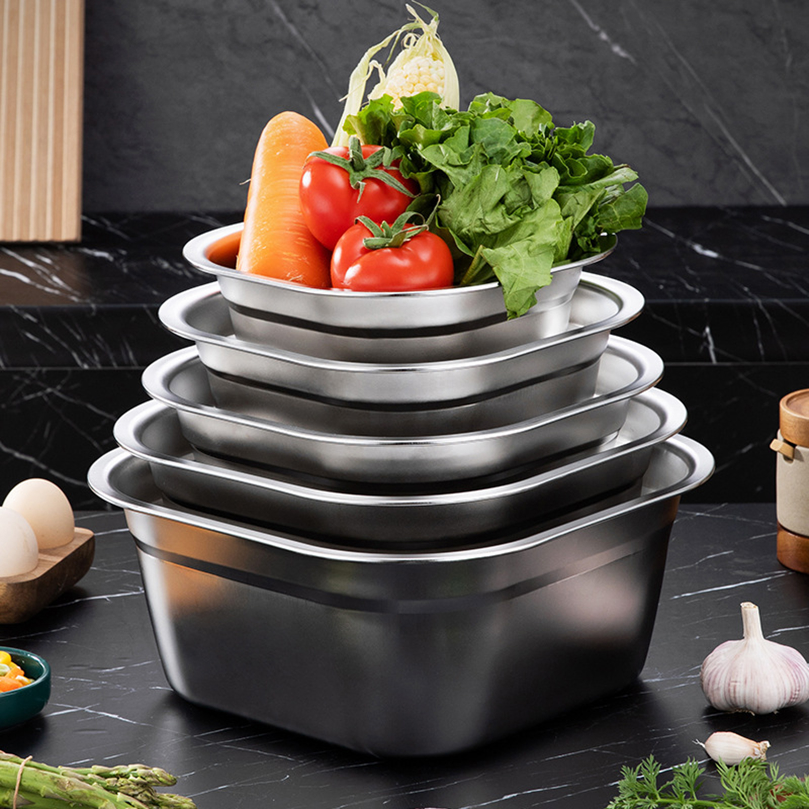 Food Storage Containers Set - Stainless Steel Square Basin Versatile Mixing