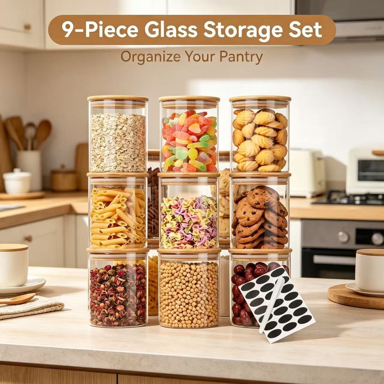 Food Storage Label - 9 Pieces Clear Glass Storage Canisters