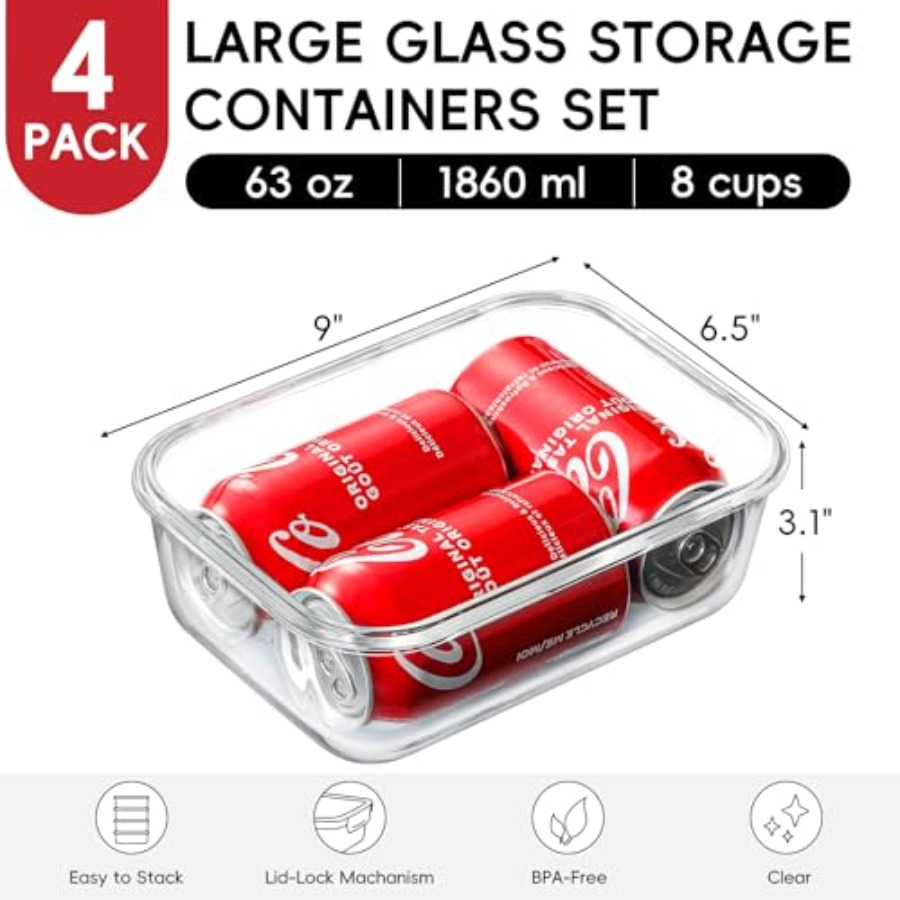 4 Pack 8 Cups/ 63oz Large Glas - огляд і ціна Food Storage Glass